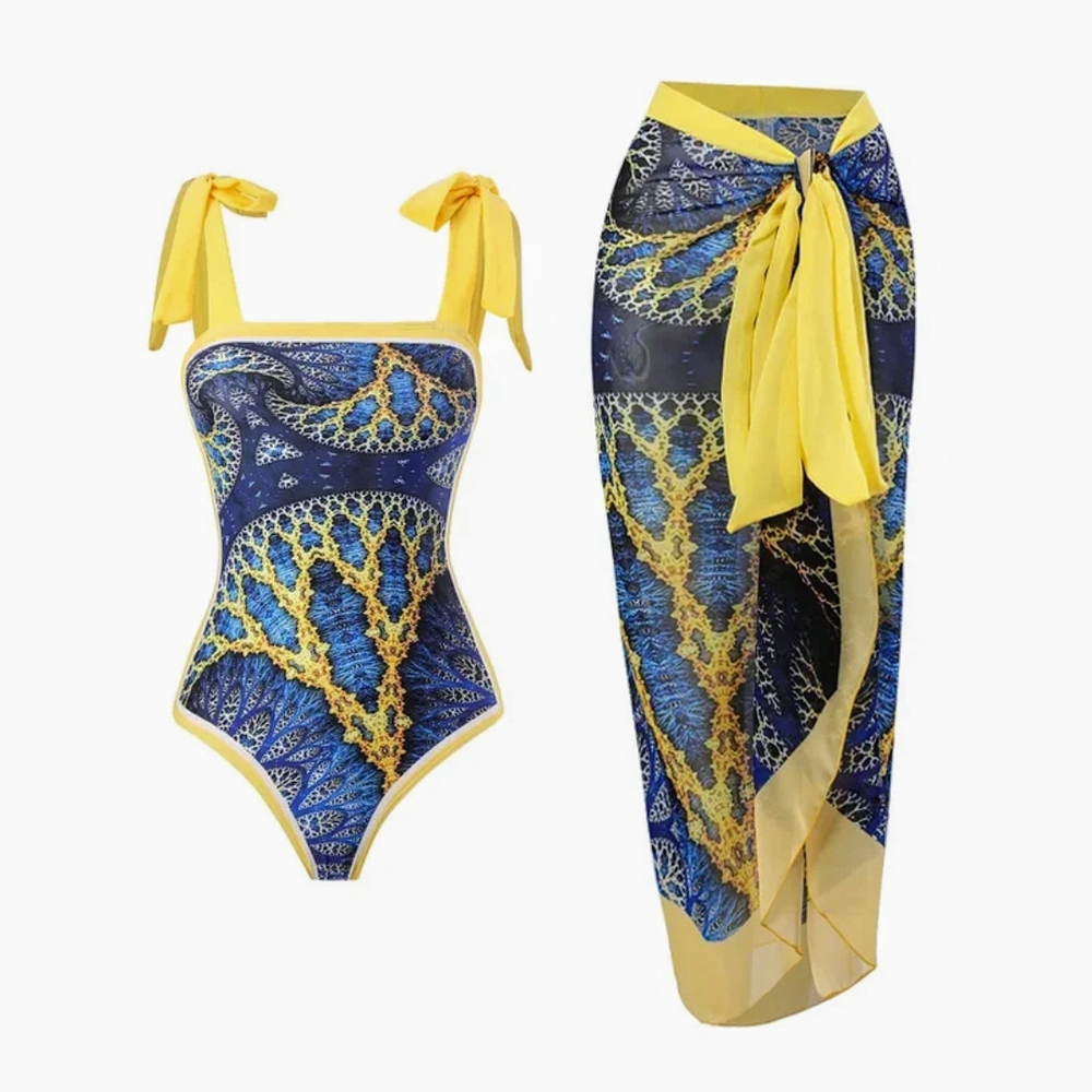 New Blue Yellow Coral Reef Patterned Swimsuit Set One Piece Sarong Bows XL
